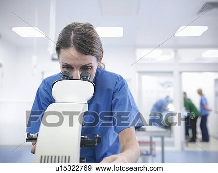 Stock Photo - Veterinarian using microscope in office. Fotosearch