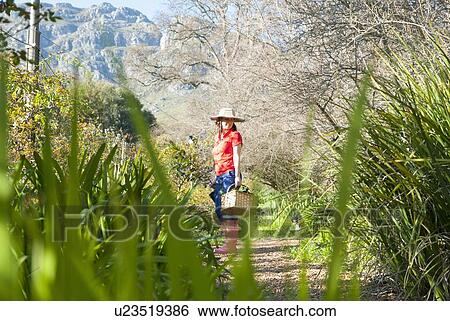 Woman carrying basket outdoors View Large Photo Image Stock Photograph - Woman carrying basket outdoors. Fotosearch