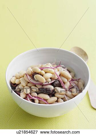 Bowl of beans salad with olives View Large Photo Image Stock Photo - Bowl of beans salad with olives. Fotosearch