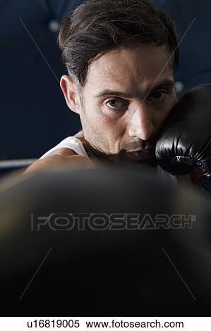 Stock Photography - Boxer with raised fists in ring. Fotosearch