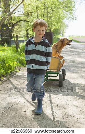 Stock Image - Boy pulling cart with dog. Fotosearch
