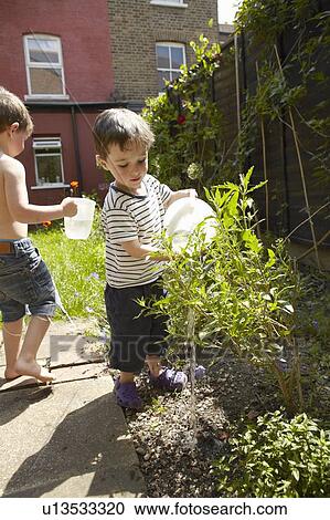 Stock Image - Boys watering plants in garden. Fotosearch
