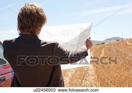 Stock Image - Businessman reading blueprints in field. Fotosearch