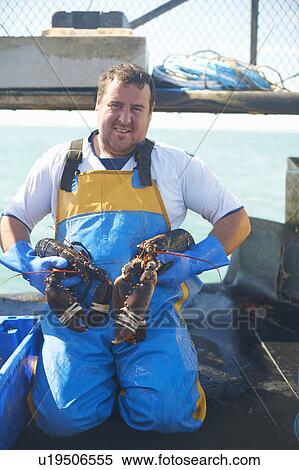 Stock Photography - Fisherman holding lobsters on boat. Fotosearch