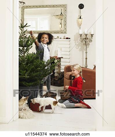 Girls decorating Christmas tree View Large Photo Image Picture - Girls decorating Christmas tree. Fotosearch