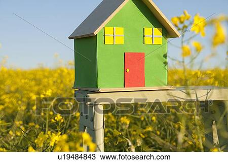 Stock Image - Model house in field of flowers. Fotosearch