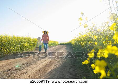 Stock Photo - Mother and daughter walking on dirt road. Fotosearch