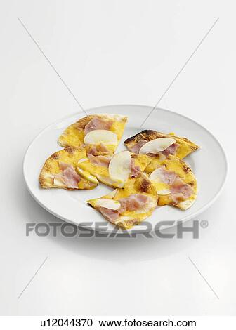 Plate of ham and cheese flatbread View Large Photo Image Stock Image - Plate of ham and cheese flatbread. Fotosearch