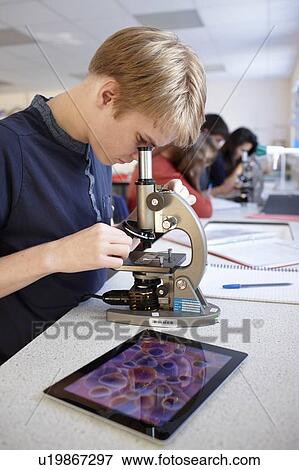 Stock Photo - Student using microscope in class. Fotosearch