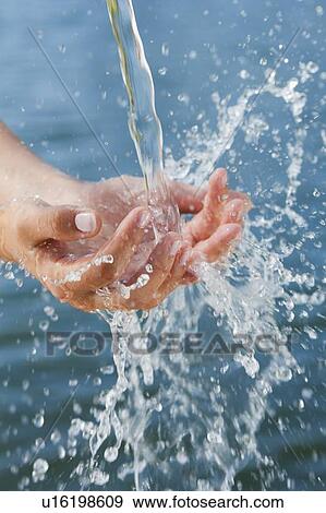 Stock Photo - Woman catching water stream in hands. Fotosearch