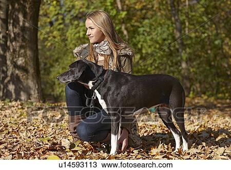 Woman sitting with dog in autumn leaves View Large Photo Image Stock Image - Woman sitting with dog in autumn leaves. Fotosearch