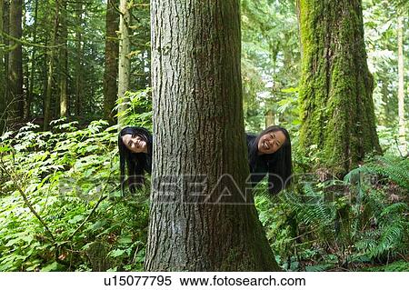 Women peeking out from behind tree View Large Photo Image Stock Photography - Women peeking out from behind tree. Fotosearch