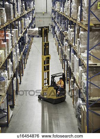 Worker operating forklift in warehouse View Large Photo Image Stock Photograph - Worker operating forklift in warehouse. Fotosearch