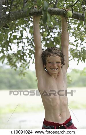 Boy (10-11) hanging on tree branch View Large Photo Image Picture - Boy (10-11) hanging on tree branch. Fotosearch