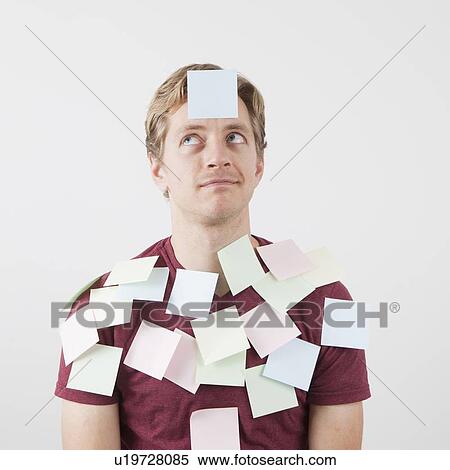 Man being covered with adhesive notes View Large Photo Image Stock Photography - Man being covered with adhesive notes. Fotosearch