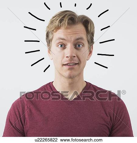 Stock Image - Portrait of man with drawing symbolizing idea. Fotosearch