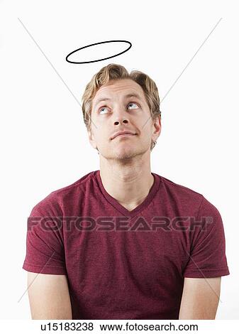 Portrait of man with halo drawn above his head View Large Photo Image Stock Photo - Portrait of man with halo drawn above his head. Fotosearch