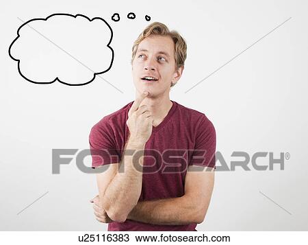 Stock Image - Portrait of man with speech bubble near his head. Fotosearch