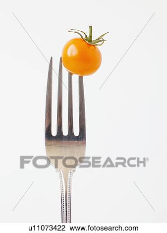 Stock Image - Studio Shot of Cherry Tomatoes on fork. Fotosearch