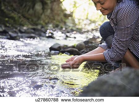 Woman crouching by stream View Large Photo Image Stock Photo - Woman crouching by stream. Fotosearch