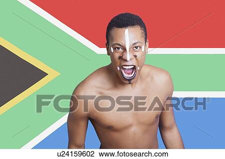 Portrait of aggressive mixed race man against South African flag View Large Photo Image Stock Image - Portrait of aggressive mixed race man against South African flag. Fotosearch