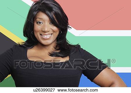Portrait of casual mixed race woman against South African flag View Large Photo Image Stock Photo - Portrait of casual mixed race woman against South African flag. Fotosearch