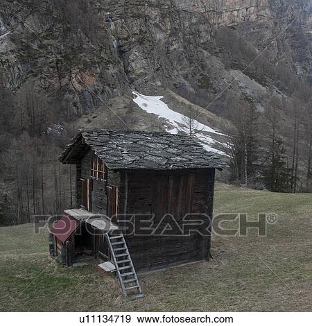 Stock Photo - Abandoned shack in the valley, Matter Valley, Randa, Swiss Alps, Valais Canton, Switzerland. Fotosearch