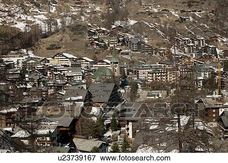 Aerial view of houses in the town, Zermatt, Valais Canton, Switzerland View Large Photo Image Stock Photo - Aerial view of houses in the town, Zermatt, Valais Canton, Switzerland. Fotosearch