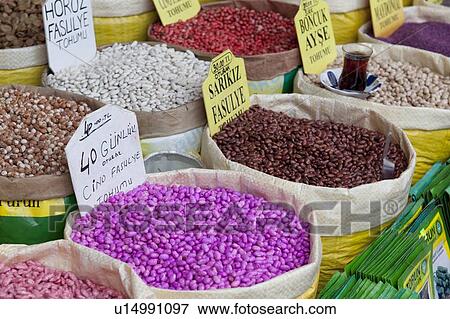Stock Photo - Assorted beans at a market stall, Grand Bazaar, Istanbul, Turkey. Fotosearch