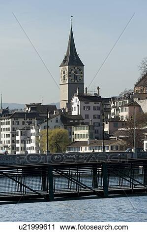 Stock Image - Bridge across a river with cityscape, District 1, Zurich, Switzerland. Fotosearch