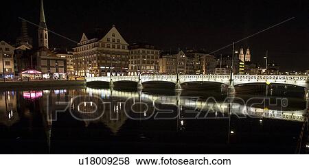 Bridge lit up at night, District 1, Zurich, Switzerland View Large Photo Image Stock Photo - Bridge lit up at night, District 1, Zurich, Switzerland. Fotosearch