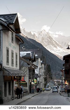 Stock Photo - Buildings along a street in valley, Chamonix, Rhone-Alpes, France. Fotosearch