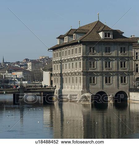 Stock Image - Buildings at the waterfront, Bahnhofstrasse, Zurich, Switzerland. Fotosearch