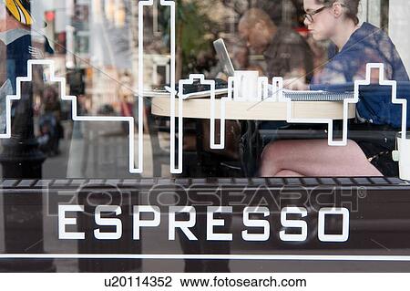 Stock Image - Close-up of a cafe sign, Mile-End, Montreal, Quebec, Canada. Fotosearch