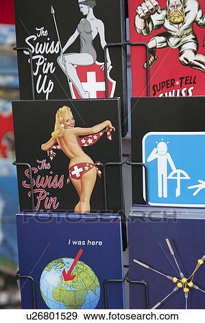 Stock Photo - Colorful Swiss postcards for sale, Zermatt, Valais Canton, Switzerland. Fotosearch