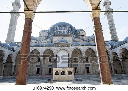 Stock Image - Courtyard of Suleymaniye Mosque, Third Hill, Istanbul, Turkey. Fotosearch