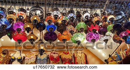 Stock Image - Decorative Turkish lanterns in a store, Grand Bazaar, Istanbul, Turkey. Fotosearch