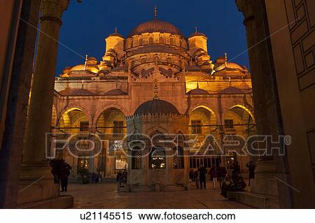 Facade of Yeni Camii Mosque at night, Istanbul, Turkey View Large Photo Image Stock Photography - Facade of Yeni Camii Mosque at night, Istanbul, Turkey. Fotosearch