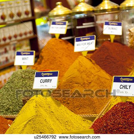 Stock Image - Heap of spices with price tags in a market, Grand Bazaar, Istanbul, Turkey. Fotosearch