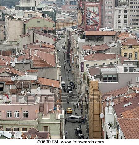 Houses and street scene in Beyoglu District viewed from Galata Tower, Istanbul, Turkey View Large Photo Image Picture - Houses and street scene in Beyoglu District viewed from Galata Tower, Istanbul, Turkey. Fotosearch
