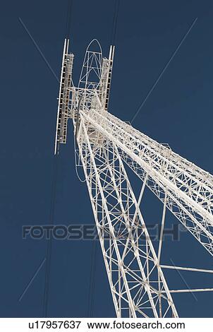 Stock Photo - Low angle view of aerial tramway tower at Les Grands Montets ski area, Mont Blanc, Chamonix, Rhone-Alpes, France. Fotosearch