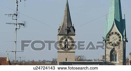 Stock Image - Low angle view of clock towers, Bahnhofstrasse, Zurich, Switzerland. Fotosearch
