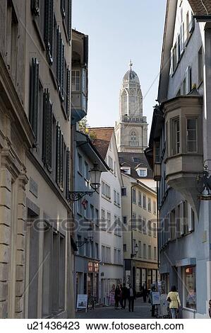 Stock Image - Narrow street view, District 1, Zurich, Switzerland. Fotosearch