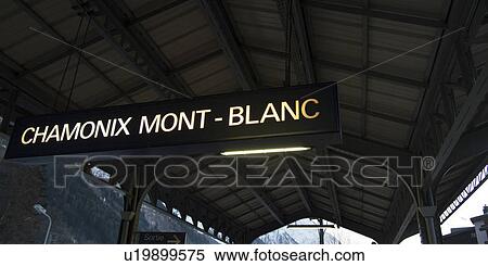 Stock Photography - Neon sign at railroad station, Chamonix, Rhone-Alpes, France. Fotosearch