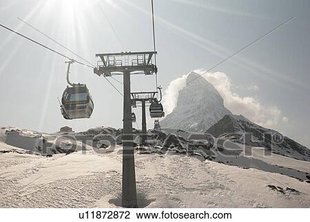 Stock Image - Overhead cable cars at Mt Matterhorn, Zermatt, Valais Canton, Switzerland. Fotosearch