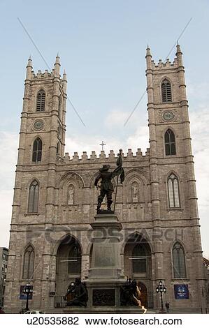 Stock Image - Paul Chomedey de Maisonneuve statue in front of Notre Dame Basilica, Maisonneuve Monument, Ville-Marie, Montreal, Quebec, Canada. Fotosearch