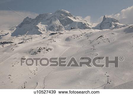 Stock Photo - Ski area with mountains in winter, Zermatt, Valais Canton, Switzerland. Fotosearch
