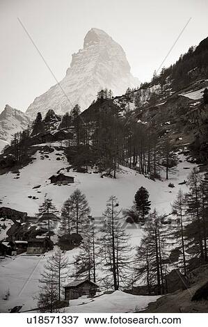 Stock Photo - Snow covered mountains in winter, Mt Matterhorn, Zermatt, Valais Canton, Switzerland. Fotosearch