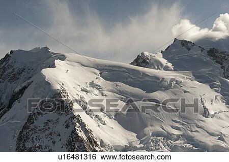 Stock Photograph - Snow covered mountains in winter, Aiguille Du Midi, Mont Blanc, Chamonix, Rhone-Alpes, France. Fotosearch