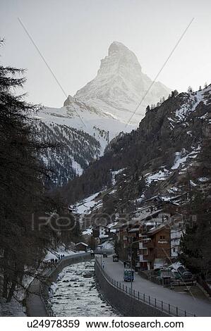 Town in a valley, Mt Matterhorn, Zermatt, Valais Canton, Switzerland View Large Photo Image Stock Photo - Town in a valley, Mt Matterhorn, Zermatt, Valais Canton, Switzerland. Fotosearch